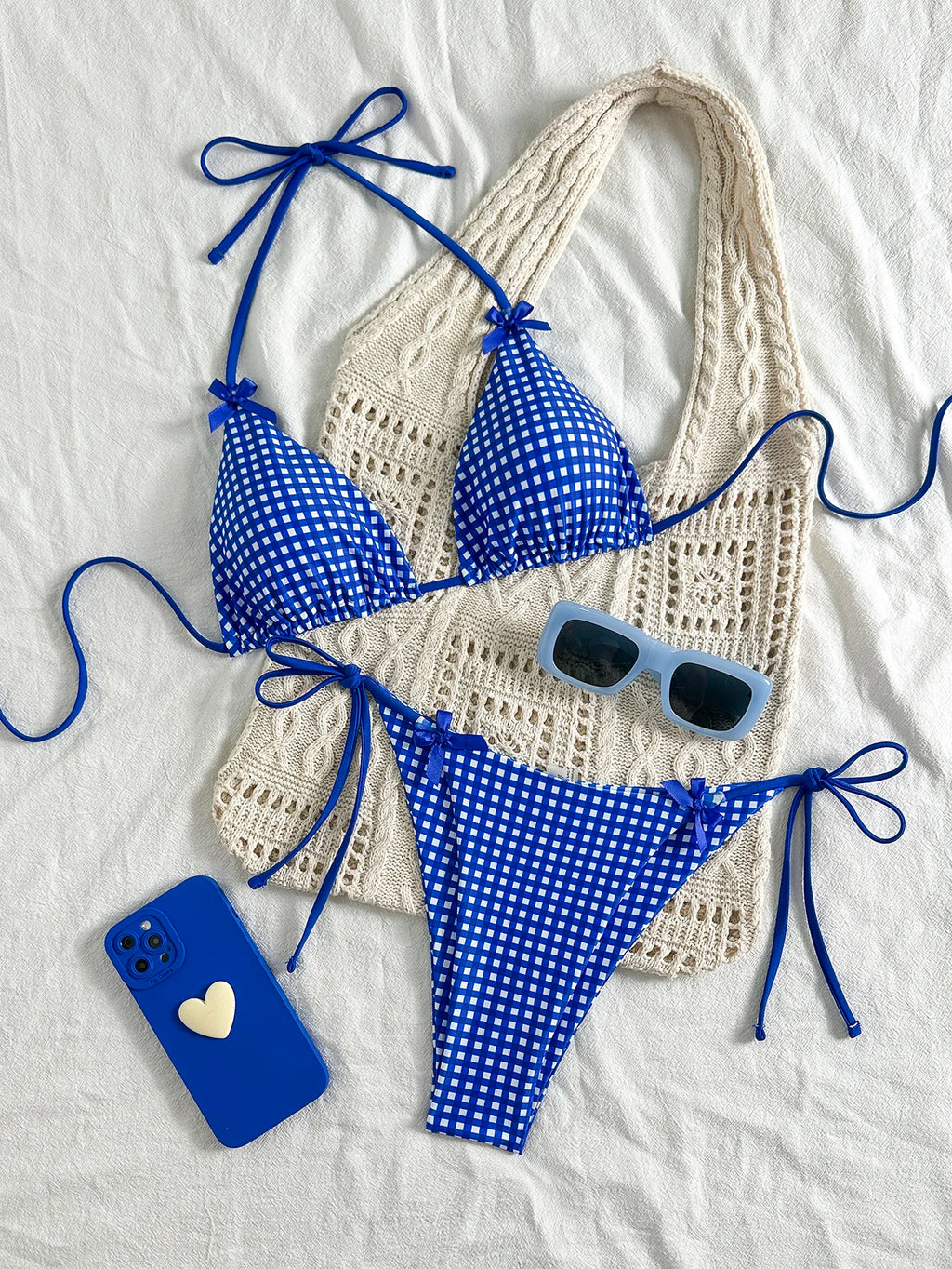 Mat Blue and White Plaid Two-Piece