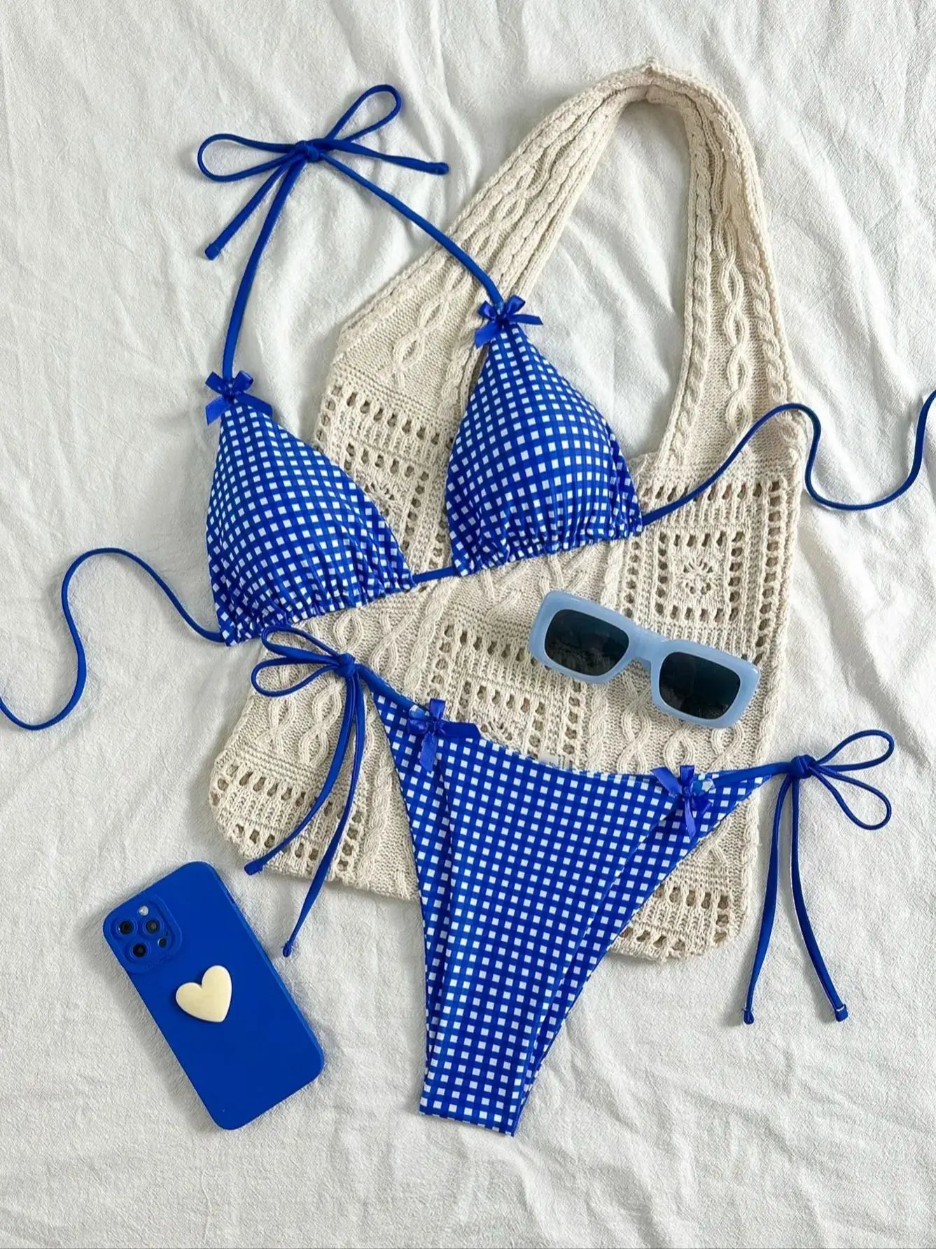 Mat Blue and White Plaid Two-Piece