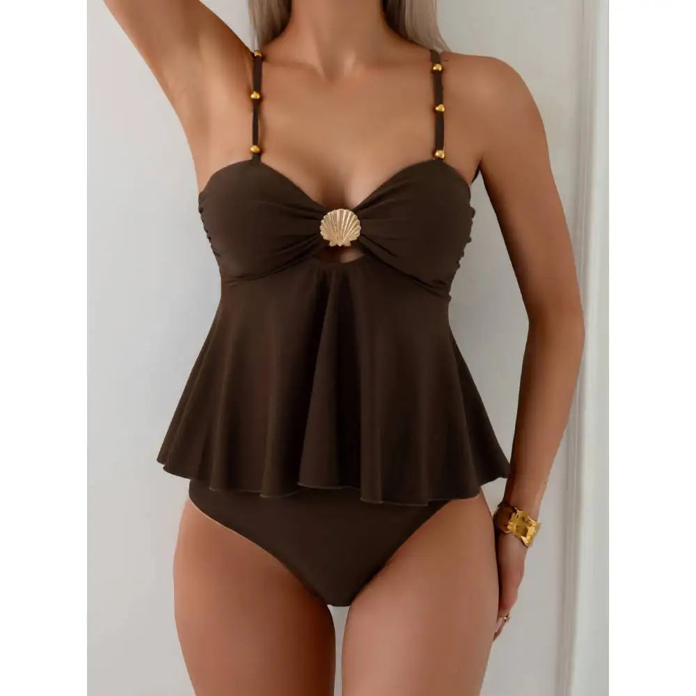 Brown Shell Metallic Beaded Tankini