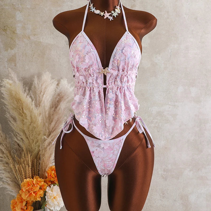 Swimwear Bathing Suit 2026 Bikini Women Halter Neck Bikinis Tie Side Shiny Sequin Two Piece Swimsuit Sexy Deep V Swim Bikini Set