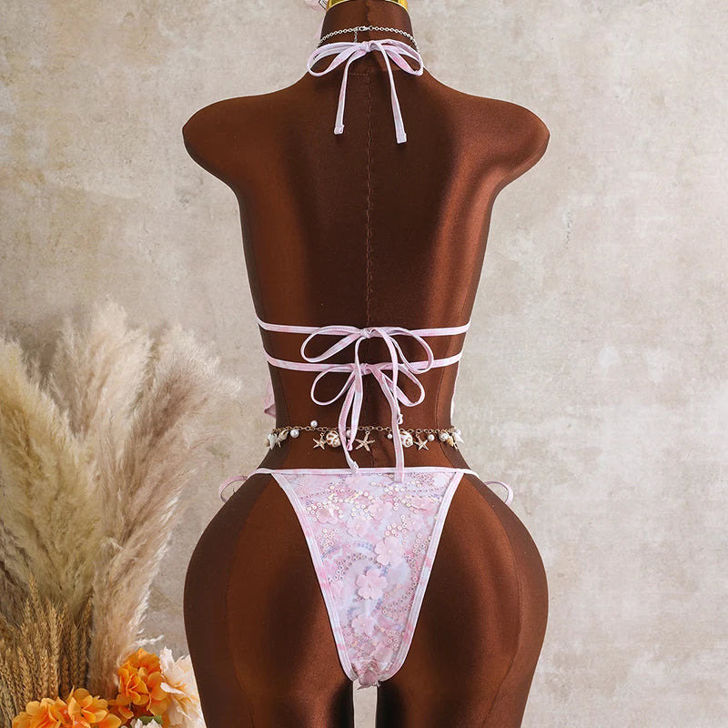 Swimwear Bathing Suit 2026 Bikini Women Halter Neck Bikinis Tie Side Shiny Sequin Two Piece Swimsuit Sexy Deep V Swim Bikini Set